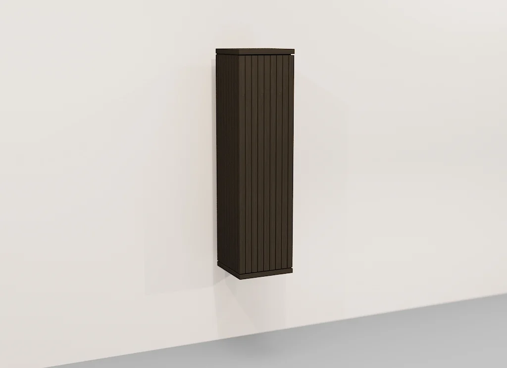 Hangkast eiken Napoli, zijaanzicht. Donkerbruine kast met verticale lijnen, tegen een witte muur. Neutraal licht, minimalistische stijl.