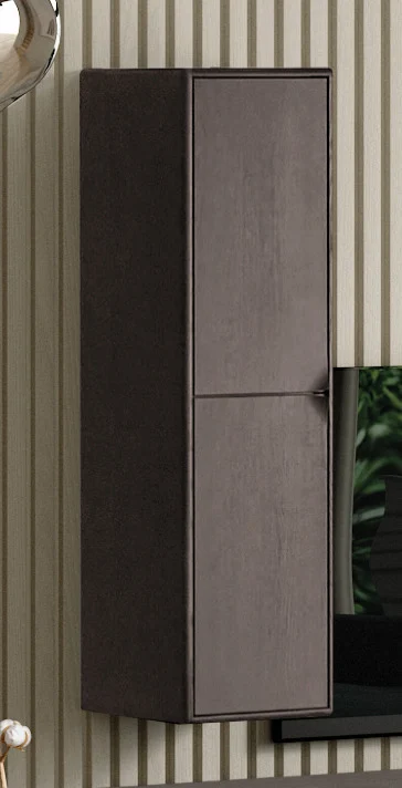 Verticale hangkast met massieve eiken draaideur, links gemonteerd. Donker hout, strak design. Zachte belichting, gestreepte achtergrond.