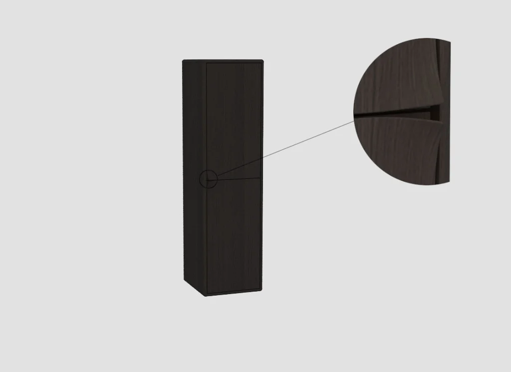 Hangkast EL55 links met massieve draaideur, close-up. Donker hout, minimalistisch design. Zachte belichting op een grijze achtergrond.