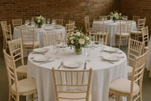 Gedekte tafels met witte tafelkleden en houten stoelen, passend bij de blog over rugpijn en stoelen.