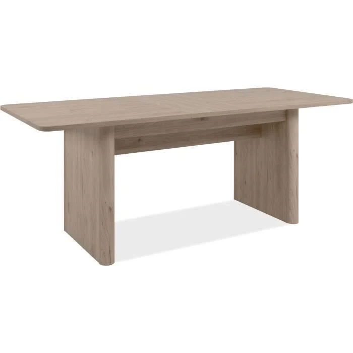 De SAI uitschuifbare rechthoekige tafel (Jackson Hickory) is een houten eettafel voor 10 personen, met een lichte afwerking, dik tafelblad, twee brede paneelpoten en een horizontaal onderstel. Afmetingen: 160/200 x 75 x 90 cm.