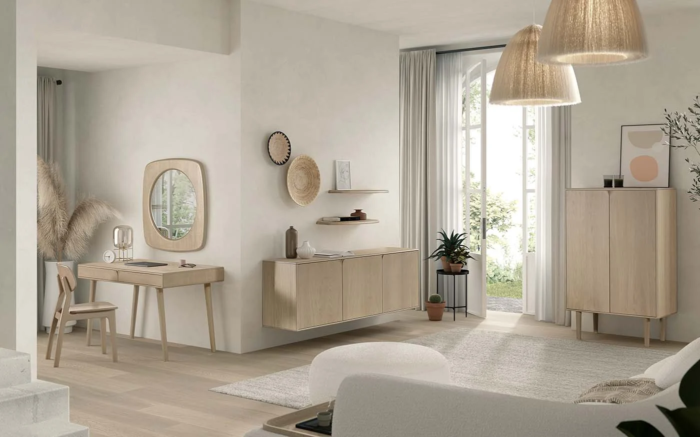 Moderne minimalistische leefruimte met de SENTO BOEKENPLANK80 WWM zwevende planken, licht houten meubels, een spiegelend bureau, kast, kamerplanten en geweven decor in zachte neutrale tinten, verlicht door grote ramen.