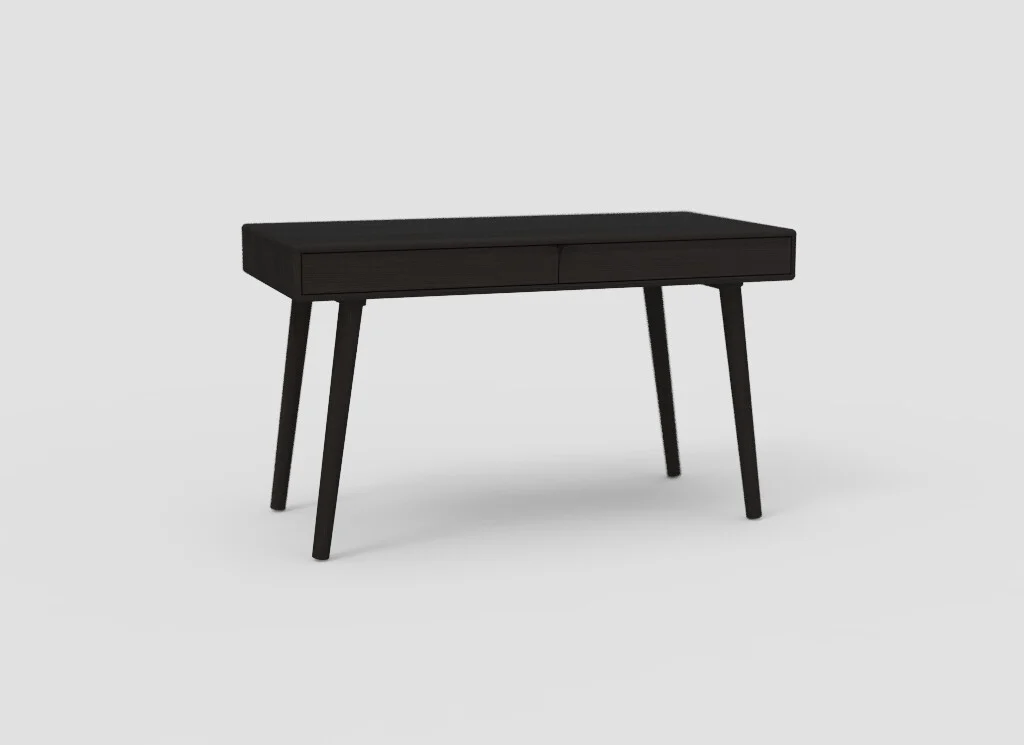 Zijaanzicht van een donkerbruin eikenhouten bureau EL55 met twee lades. Het bureau heeft slanke, taps toelopende poten en een minimalistisch design.