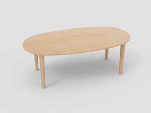 De SENTO TAFEL 210 E02M is een ovale tafel van licht hout met vier afgeronde poten, afgebeeld tegen een effen witte achtergrond.