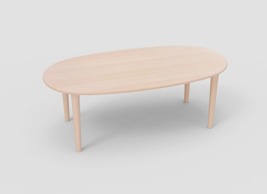 De SENTO TAFEL 210 WWM is een lichthouten ovale tafel met vier rechte poten tegen een effen, lichtgrijze achtergrond.