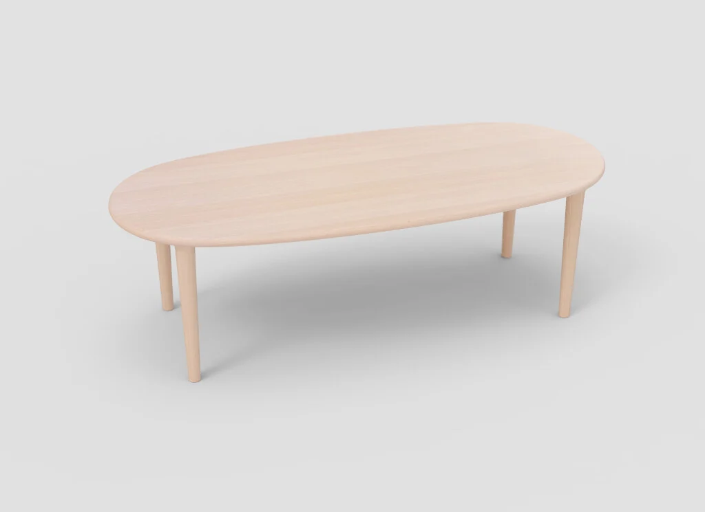 De SENTO TAFEL 240 WWM is een ovale, lichthouten tafel met vier cilindrische poten tegen een effen witte achtergrond.
