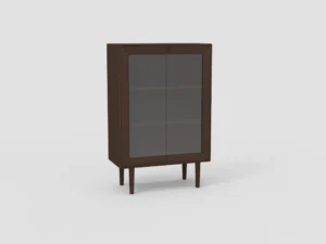 Sento vitrine EL21 in bruin hout met glazen deuren. Neutraal licht, rechte hoek. Minimalistisch design, moderne kast op poten.