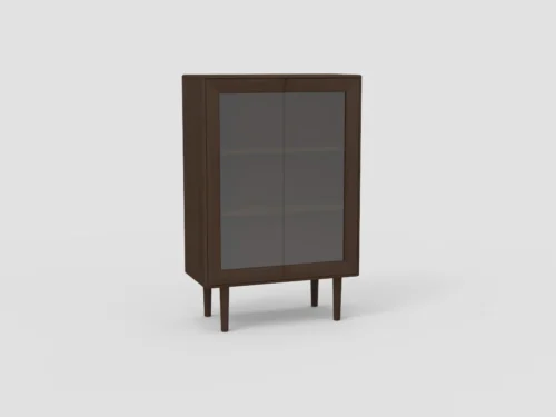 Sento vitrine EL21 in bruin hout met glazen deuren. Neutraal licht, rechte hoek. Minimalistisch design, moderne kast op poten.