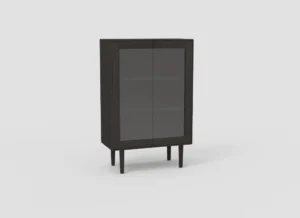 SENTO VITRINE EL55 van voren gezien, donker hout, glazen deuren, strakke belichting, witte achtergrond, minimalistisch design.