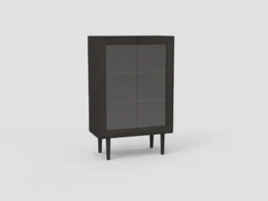 SENTO VITRINE EL55 van voren gezien, donker hout, glazen deuren, strakke belichting, witte achtergrond, minimalistisch design.