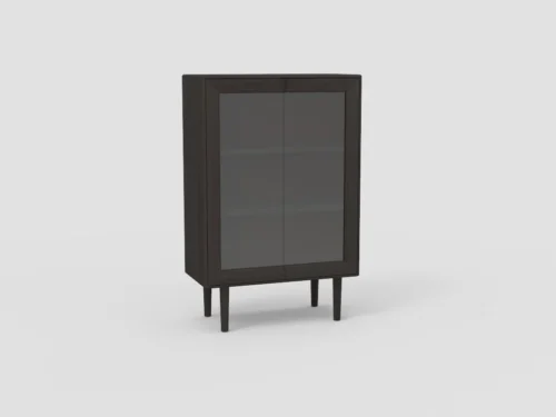 SENTO VITRINE EL55 van voren gezien, donker hout, glazen deuren, strakke belichting, witte achtergrond, minimalistisch design.