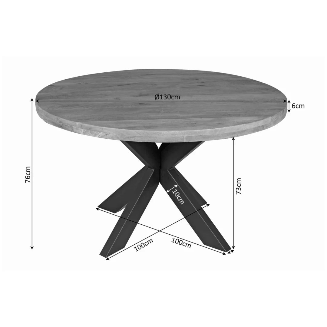 Eettafel Denver is een ronde tafel gemaakt van mangohout met donkere, gekruiste metalen poten. Diameter tafelblad: 130 cm, dikte: 6 cm, hoogte: 76 cm. Metalen pootstel: 100 cm breed, 73 cm hoog.
