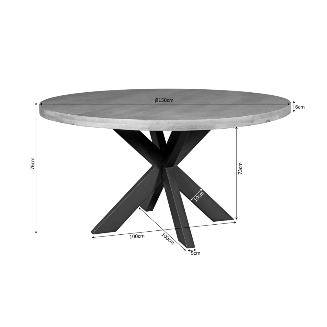 De Eettafel Denver is een ronde eettafel gemaakt van mangohout, 150cm in diameter en 76cm hoog, met een 6cm dik tafelblad en stevige poten (72cm hoogte, basisbreedte 100cm).