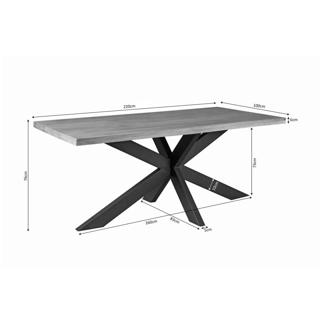 Eettafel Denver | Rechthoekige matrixpoot, 220x100x76 cm. De rechthoekige houten tafel heeft zwarte metalen poten met kruisvormig onderstel en extra afmetingen aangeduid.