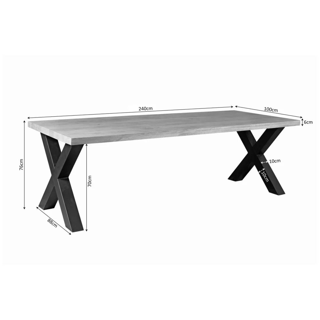 Eettafel Denver | Rechthoek X-poot | 240 cm: een rechthoekige eettafel met licht houten blad en zwarte X-poten. Afmetingen: 240x100x76 cm, poten 26 cm breed en 10 cm dik.