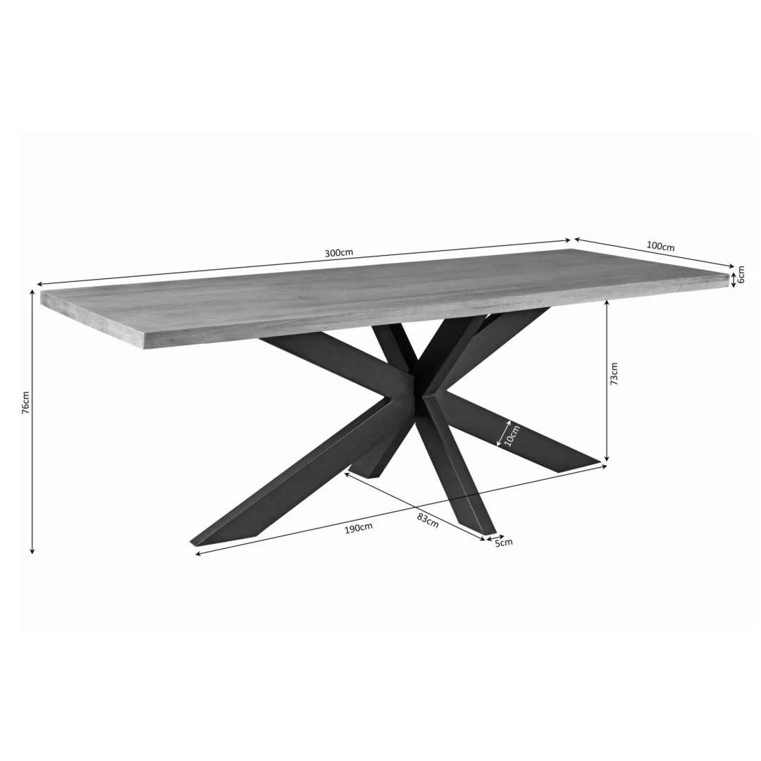 Eettafel Denver | Rechthoekige matrixpoot | 300 cm: Rechthoekige eettafel met dik grijs blad en zwart stervormig metalen onderstel. Afmetingen: 300x100x76cm; afmetingen onderstel ook aangegeven.