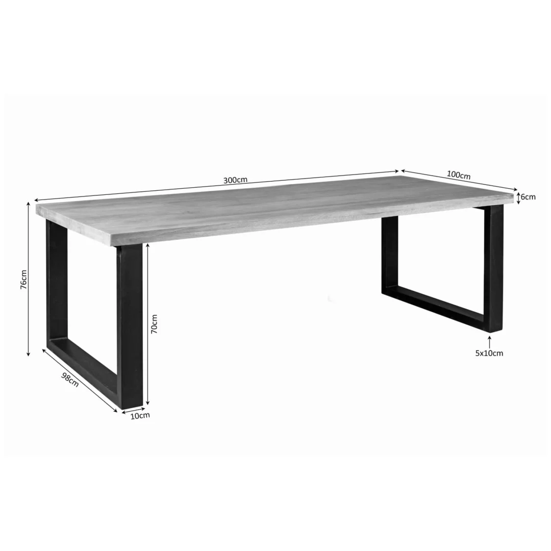 De Eettafel Denver is een rechthoekige houten tafel met zwarte U-vormige metalen poten. Afmetingen: 300cm lang, 100cm breed, 76cm hoog; poten zijn 5x10cm dik, met 58cm van tafelrand tot poot.