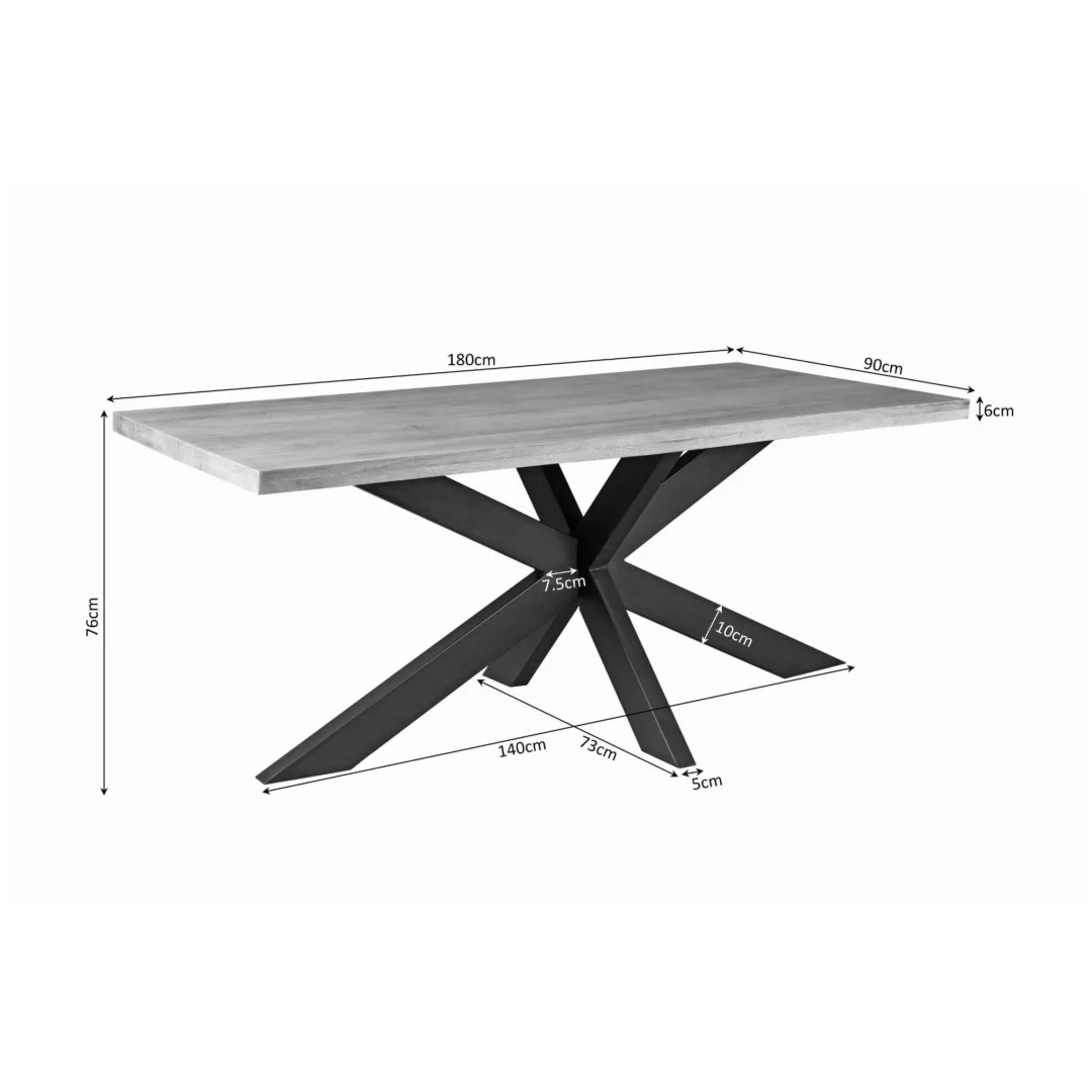 De Eettafel Denver is een moderne rechthoekige tafel met een licht houten blad en zwarte metalen matrixpoten. De tafel is 180 cm lang, 90 cm breed en 76 cm hoog, met gedetailleerde afmetingen van de poten.