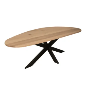 De Eettafel Cloud is een moderne eettafel van 180 cm met een ovaal blad van licht eiken en zwarte metalen poten in een sterrendesign.