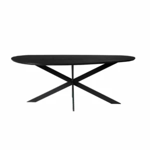 De Eettafel Cloud is een moderne zwarte ovale tafel (180 cm) met een glad eiken blad en kruisende X-vormige metalen poten, weergegeven op een effen witte achtergrond.