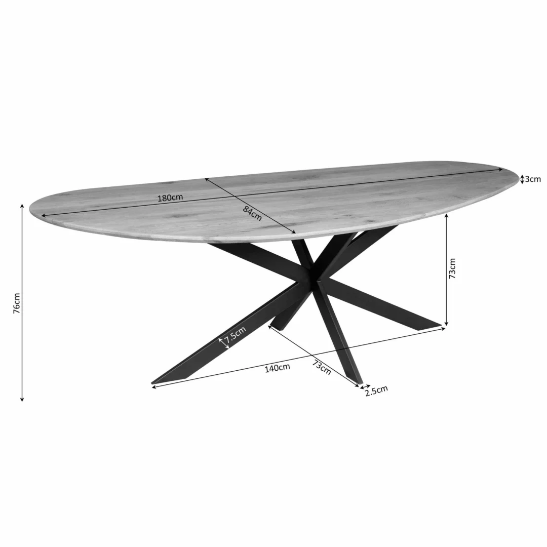 Studiofoto van een ovale eettafel met een blad van eikenhout en een zwart metalen onderstel, afmetingen in centimeters.