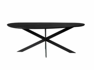 Zwarte eettafel Cloud van eikenhout, geïsoleerd. Het blad is ovaal en de poten zijn kruislings, in heldere belichting op een witte achtergrond.