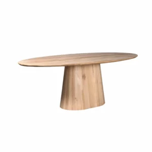 De Eettafel Riga (210 cm) is een moderne ovale eettafel in naturel eiken, met een enkele brede cilindrische voet en een minimalistisch ontwerp, tegen een witte achtergrond.