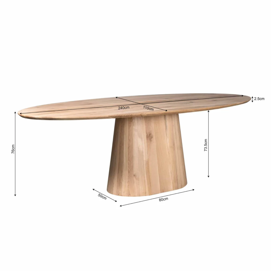 Eettafel Riga | 240 cm | Naturel Eiken: Ovale houten eettafel met voetstuk, afmetingen-lengte: 240cm, breedte: 110cm, hoogte: 76cm, bladdikte: 2.5cm, hoogte onderstel: 76.5cm, breedte onderstel: 80cm, diepte onderstel: 59.2cm.