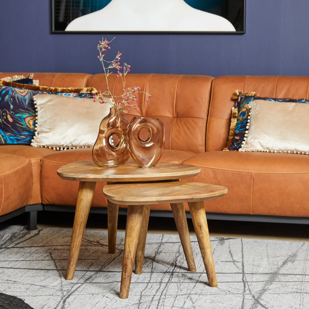 De Salontafel Design zit voor een tan leren bank met kleurrijke, gedessineerde kussens, bekleed met glazen vazen en gedroogde takken. Een modern abstract kunstwerk hangt aan de donkerblauwe muur erachter.