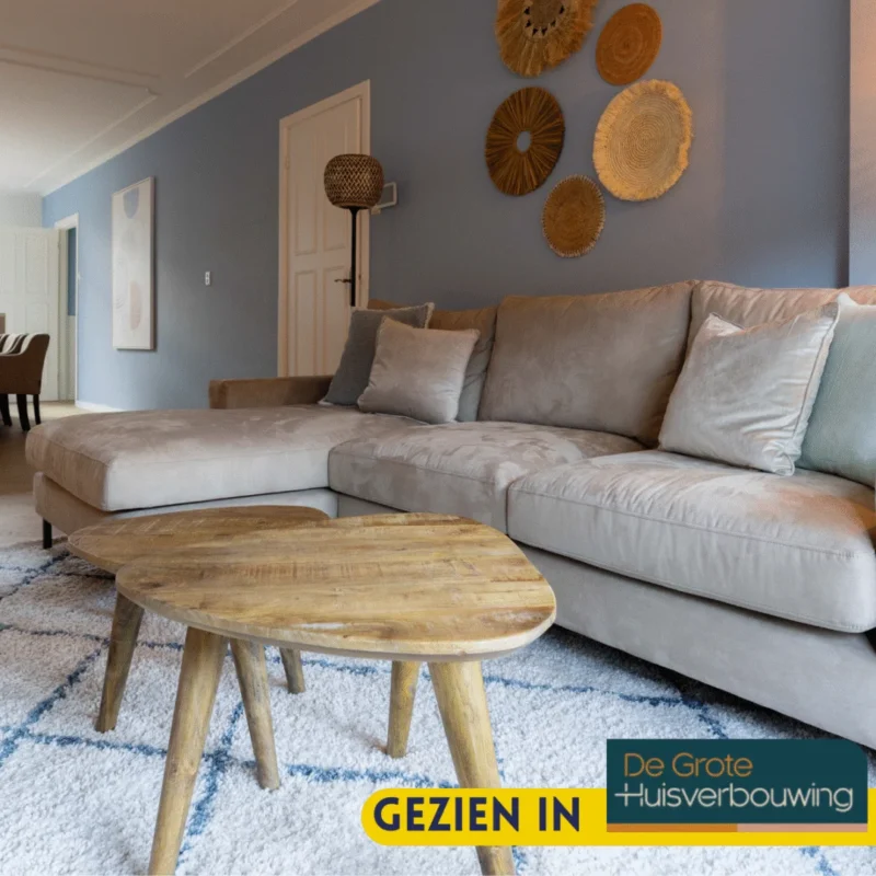 Een moderne woonkamer met een beige sectionele bank, lichtblauwe en grijze kussens, een Salontafel Design ronde houten salontafel, een gedessineerd vloerkleed, geweven wanddecoratie en lichtblauwe muren. Het logo van het tv-programma en de tekst GEZIEN IN verschijnen onderaan.