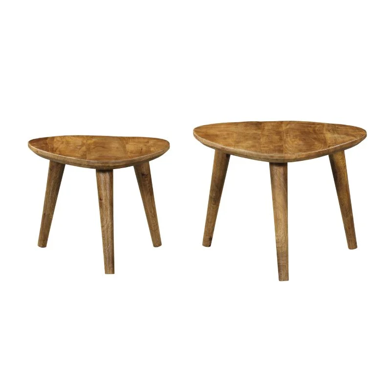 Salontafel Design: twee houten bijzettafels met driehoekige bladen en elk drie poten, afgebeeld op een witte achtergrond. De ene tafel heeft een natuurlijke afwerking die de nerven benadrukt en is iets groter en hoger dan de andere.