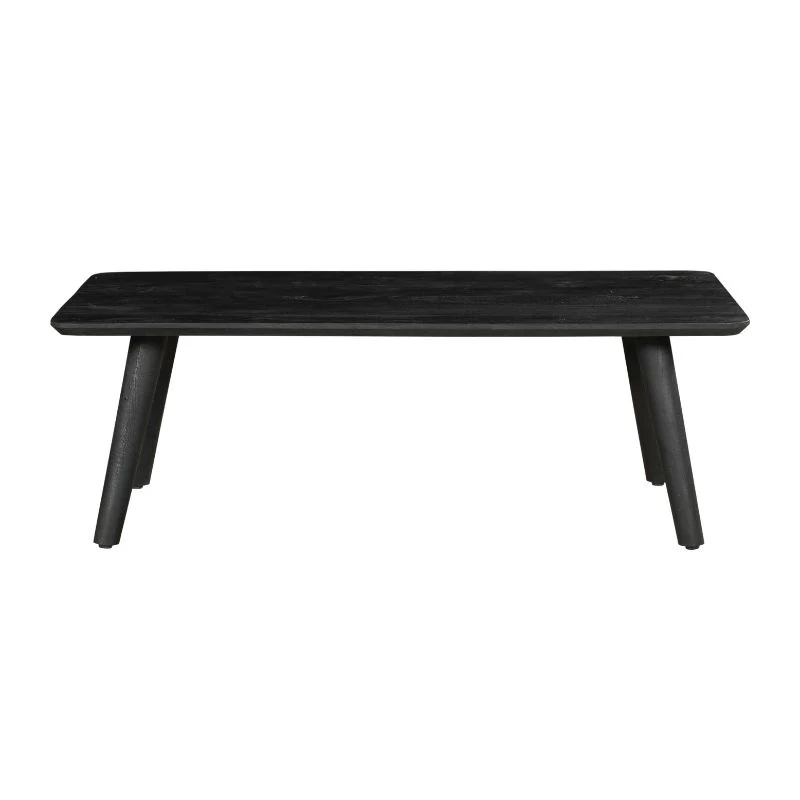 De Salontafel Zwart 70 x 45 CM Design is een moderne zwarte houten salontafel met een rechthoekig blad en vier schuine poten, tegen een effen witte achtergrond.