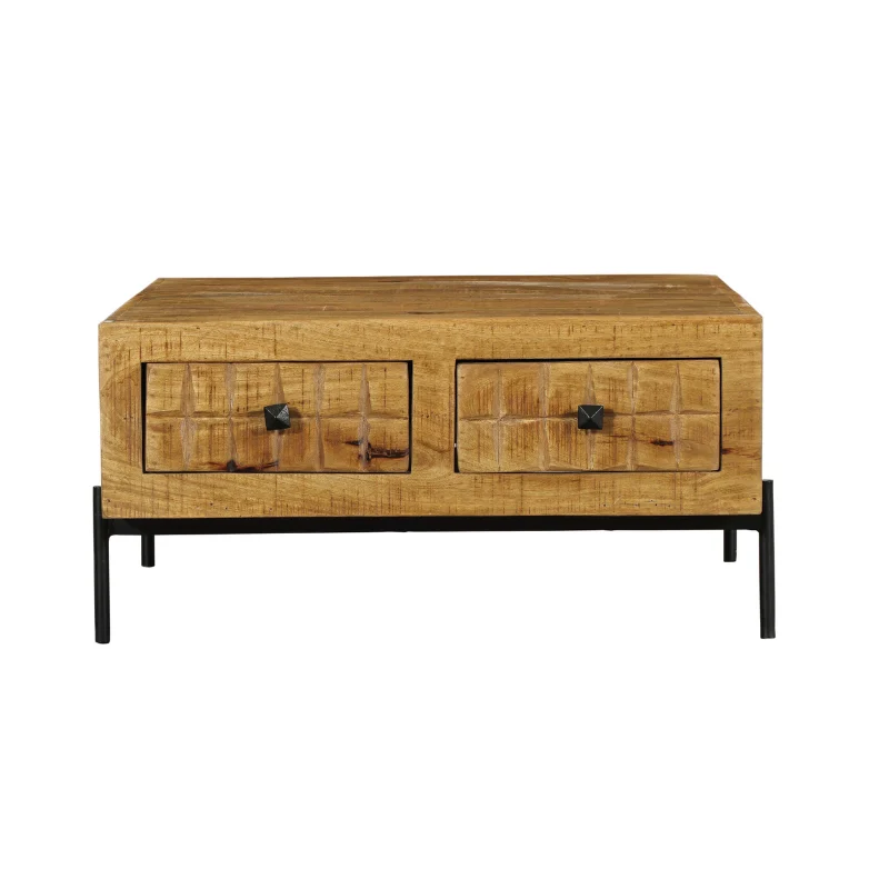 De Salontafel 80 x 80 CM Vierkant is een rechthoekige houten salontafel met twee gestructureerde laden aan de voorkant, zwarte stervormige knoppen en zwarte metalen poten, afgebeeld tegen een witte achtergrond.