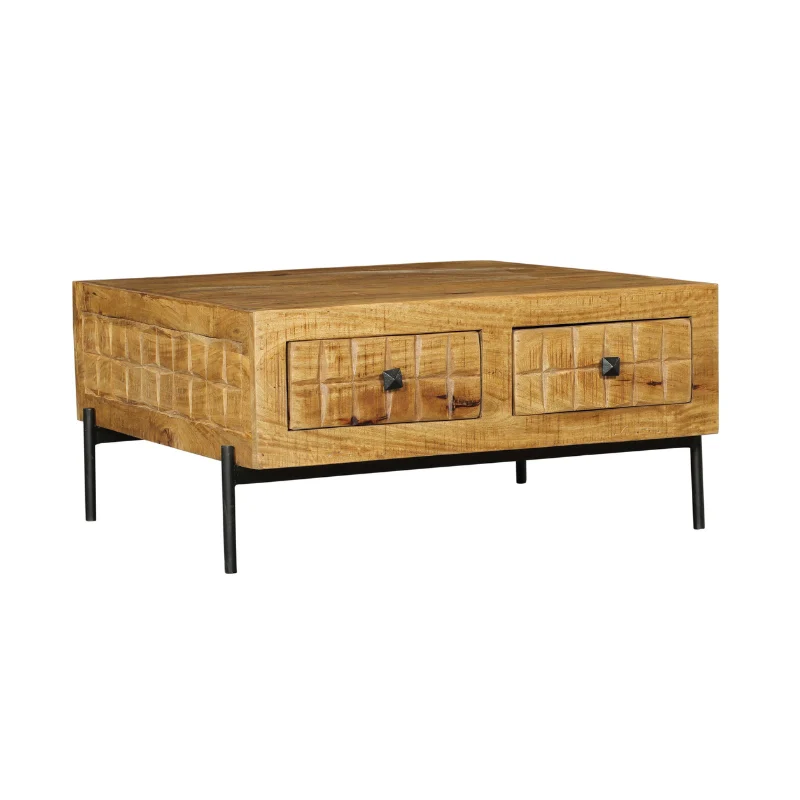 Salontafel 80 x 80 CM Vierkant: Rechthoekige houten salontafel met twee laden aan de voorkant, geometrische patronen, zwarte vierkante knoppen en slanke zwarte metalen poten.