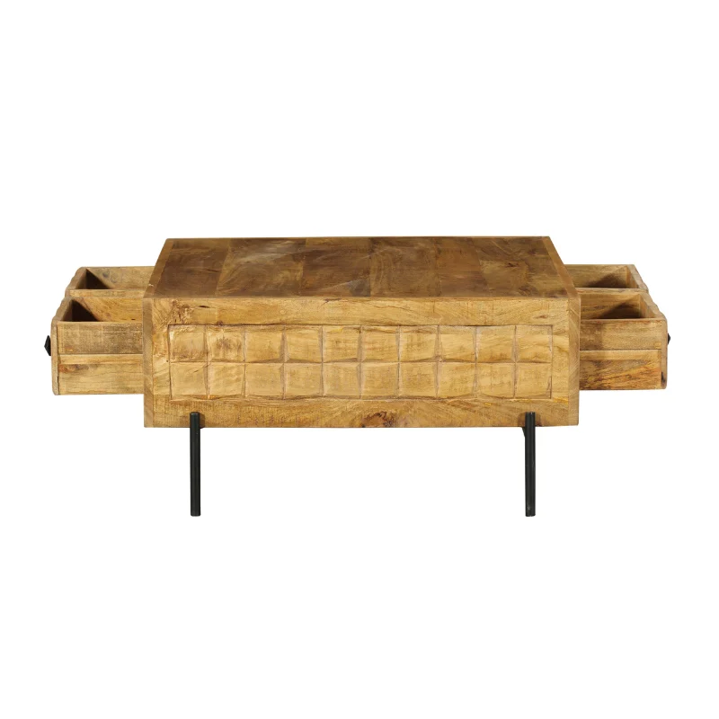 De Salontafel 80 x 80 CM Vierkant is een vierkante houten salontafel met een gestructureerd frontpaneel, twee uitschuifbare zijlades, zwarte metalen poten en een natuurlijke rustieke afwerking.