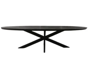 De Eettafel Brandy Zwart is een 300 cm moderne ovale eettafel met een glad zwart blad en kruisende X-vormige poten, afgebeeld tegen een witte achtergrond.