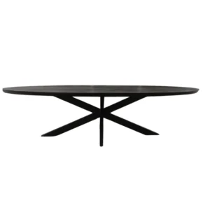 De Eettafel Brandy Zwart is een 300 cm moderne ovale eettafel met een glad zwart blad en kruisende X-vormige poten, afgebeeld tegen een witte achtergrond.