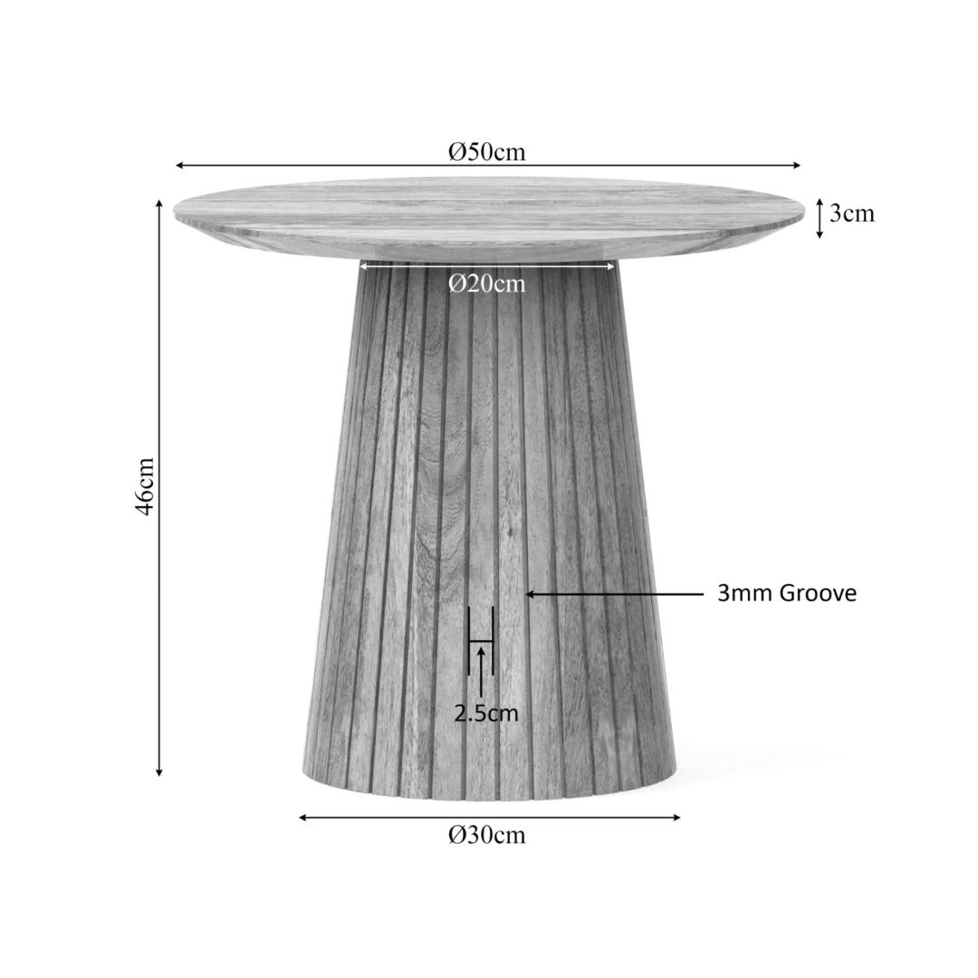 Maattekening van een grijze, houten salontafel 50 cm design. De tafel heeft een rond blad en een conische voet met verticale groeven. Afmetingen staan aangegeven.