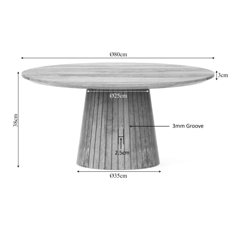De Salontafel Roest 80 CM Rond Design heeft een 80cm diameter, 3cm dik rond houten tafelblad en een 38cm hoge gecanneleerde sokkel, 35cm breed aan de onderkant, 25cm aan de bovenkant, met 3mm verticale groeven.