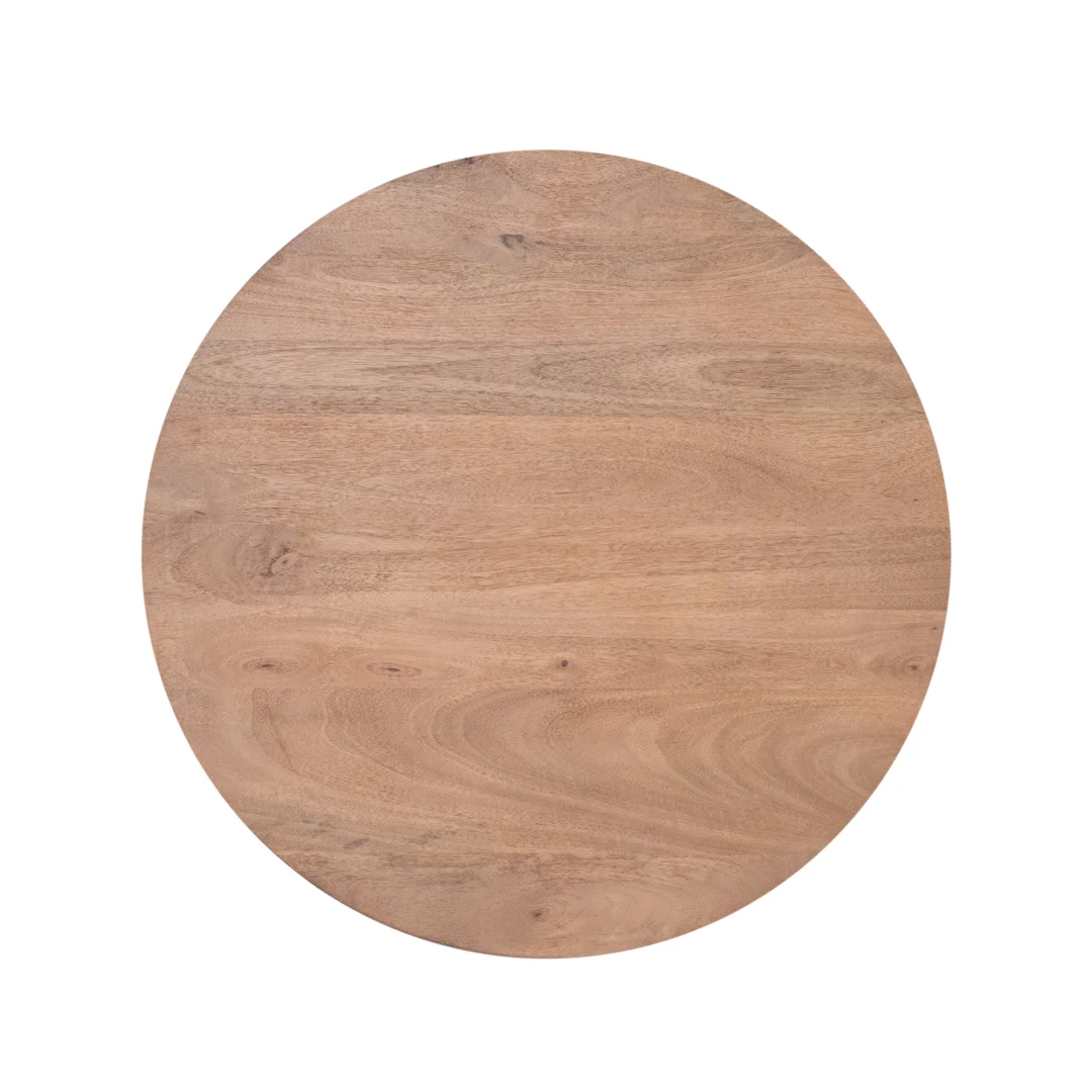 Bovenaanzicht van een ronde salontafel van lichtbruin hout met zichtbare houtnerf, geïsoleerd op een witte achtergrond.
