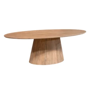 De Eettafel Solana is een 210 cm naturel ovale houten eettafel met een glad blad en een breed gecanneleerd cilindrisch onderstel, tegen een witte achtergrond.