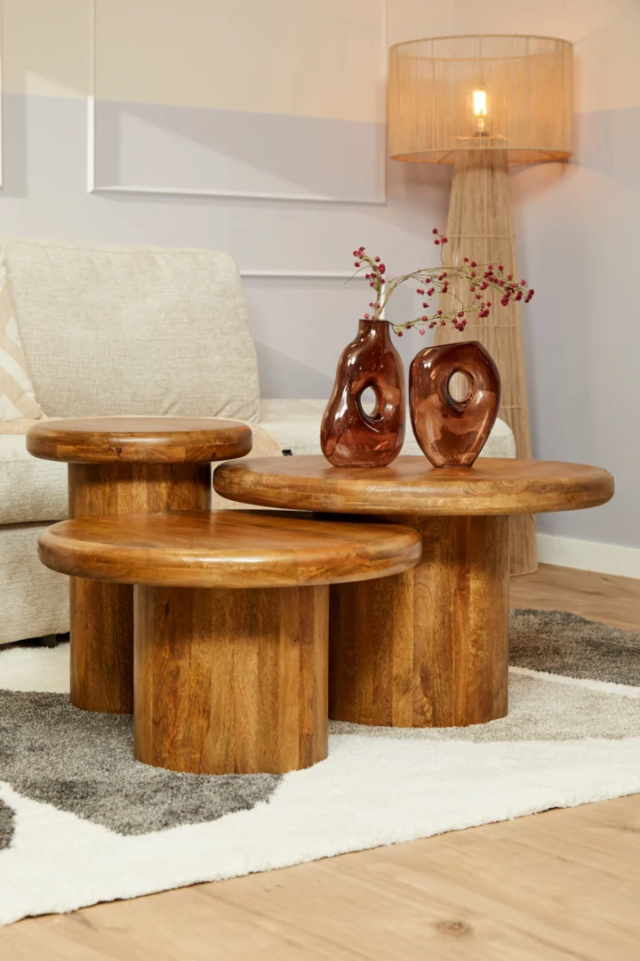 Een set van drie Salontafel 40 CM ronde houten salontafels van verschillende hoogtes staat op een vloerkleed met patroon naast een beige bank, geaccentueerd door twee bruine vazen met takken en een hoge vloerlamp met een stoffen kap voor een gezellige sfeer in de woonkamer.