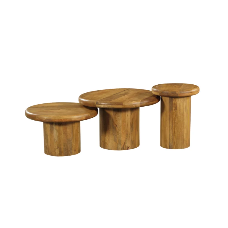 Drie Salontafel 40 CM ronde houten bijzettafels van verschillende hoogtes en bijpassende cilindrische vormen, gerangschikt in een rij op een witte achtergrond.