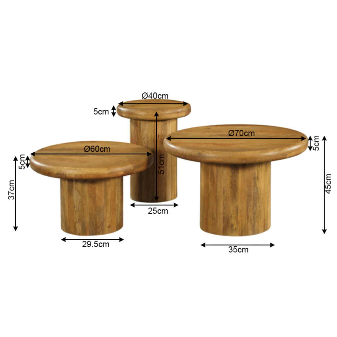 De Salontafel 40 CM wordt getoond met twee andere ronde houten tafels van verschillende hoogtes en diameters (37cm/60cm, 51cm/40cm, en 45cm/70cm), elk weergegeven met meetpijlen op een witte achtergrond.