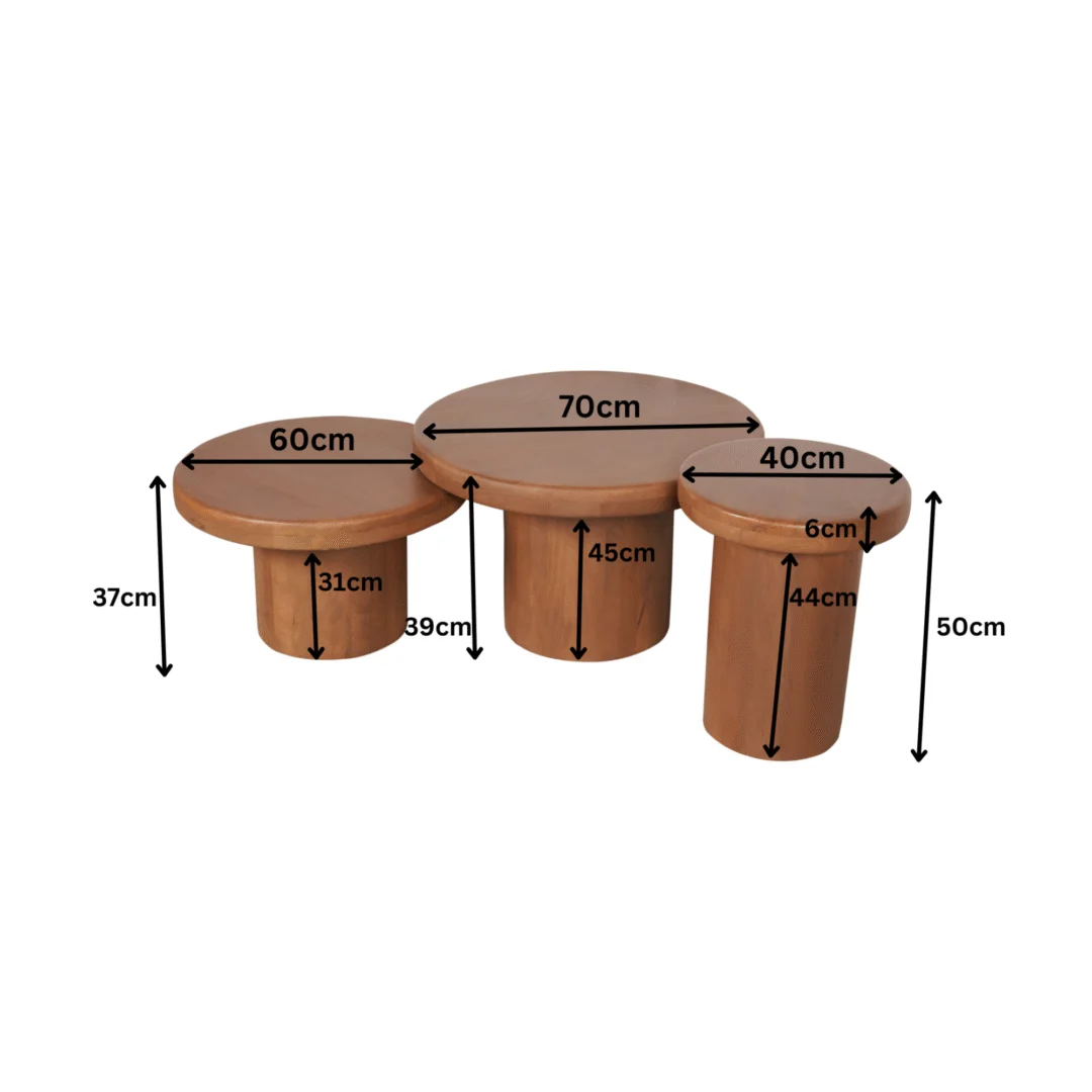Drie "Salontafel 40 CM" ronde houten tafels in de maten 60x37cm, 70x45cm en 40x50cm staan naast elkaar. Zwarte pijlen geven de diameter en hoogte van het onderstel van elke tafel aan, zodat je ze gemakkelijk kunt vergelijken.