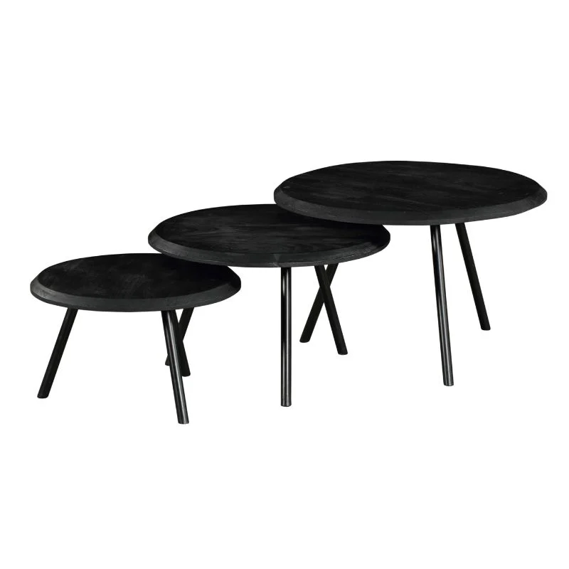 Drie minimalistische Salontafel Zwart (70 x 45 CM), rond en zwart, elk met drie poten, naast elkaar geplaatst in aflopende volgorde van hoogte.