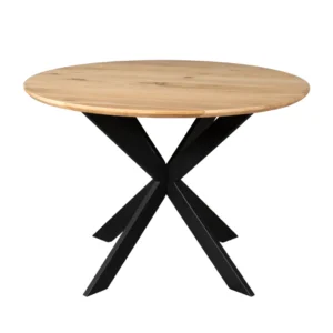 De Eiken eettafel Ferris | Rond 110 cm | Naturel heeft een rond, licht houten blad en een modern X-vormig onderstel van zwart metaal.