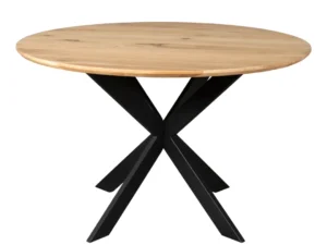 De Eiken eettafel Ferris | Rond 130 cm | Naturel is een ronde houten tafel met een licht houten blad en een modern zwart metalen onderstel met vier schuine poten die in het midden samenkomen.