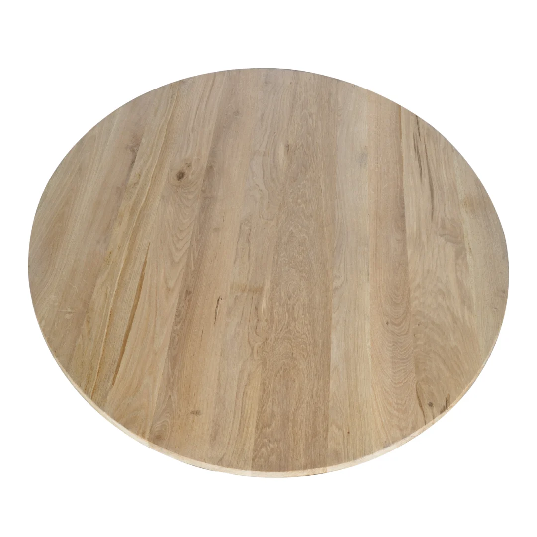 De Eiken eettafel Ferris is een ronde 130 cm eettafel van natuurlijk hout met een duidelijk nerfpatroon, van bovenaf gezien tegen een witte achtergrond.