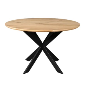 De Eiken eettafel Ferris is een ronde eettafel van 150 cm met een naturel licht houten blad en een modern zwart metalen kruispoot onderstel.